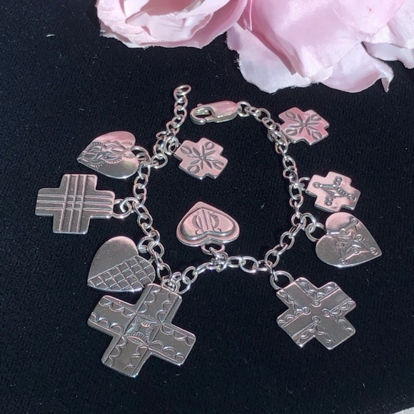 Sterling Silver Charm Bracelet w/Hearts&Crosses - Picture 7 of 7